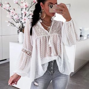 Women's Chiffon Stitching Lace Loose Balloon Sleeve Top Shirt