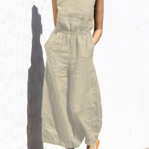 Solid color high waist sleeveless trousers women's fashion casual loose-fitting temperament jumpsuit