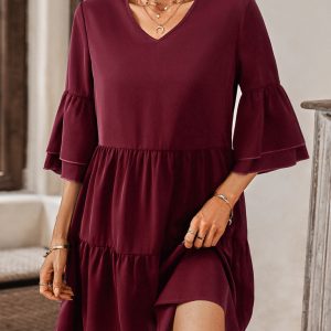 Women's fashion V-neck solid color loose dress for women