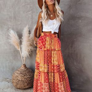 New Bohemian style skirt European and American loose casual high waist long skirt