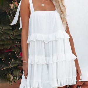Women's Solid Color Ruffled Strappy Strap Dress
