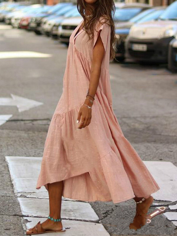 Women's Solid Color V-Neck Irregular Long Swing Dress - Image 2