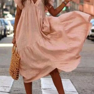 Women's Solid Color V-Neck Irregular Long Swing Dress
