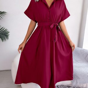 Women's Solid Color Casual Loose Tie Shirt Dress Long Skirt