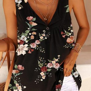 Printed V-Neck Buttons Sleeveless Tank Top Women's T-Shirt