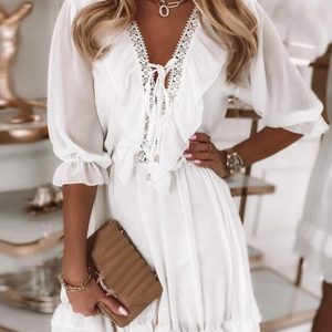 New Arrival V Neck Mosaic Chiffon Loose Casual Dress