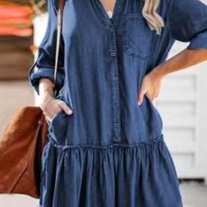 New V-neck stitching loose-breasted denim midi skirt