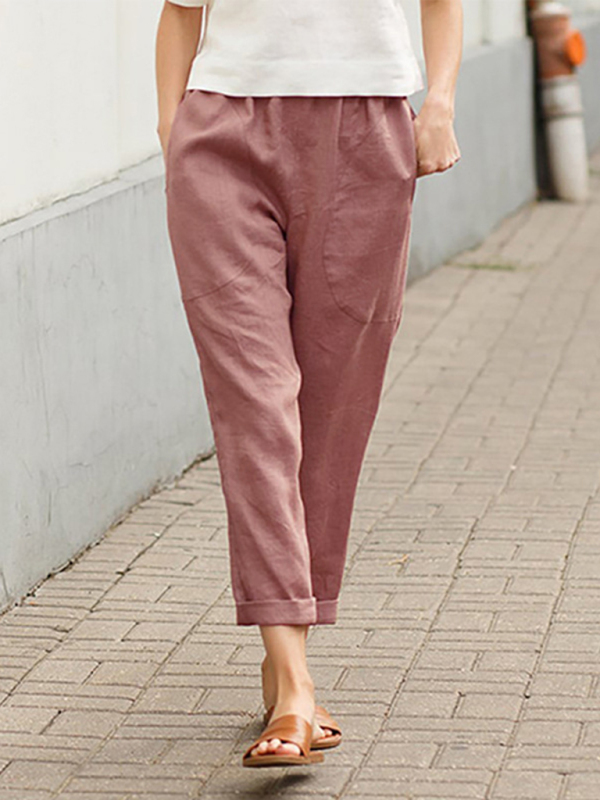 Women's Big Pocket Solid Color Comfortable Cotton Linen Casual Pants Straight Leg Trousers - Image 3