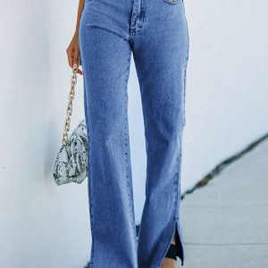 Washed slit mid-waist denim trousers casual trousers