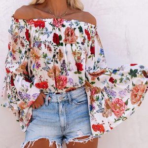 New print one-shoulder bell sleeve high waist all-match top