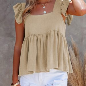 Women's Solid Color Casual Square Neck Fly Fly Sleeve Top