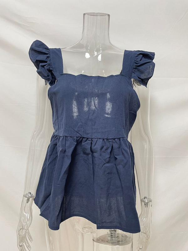 Women's Solid Color Casual Square Neck Fly Fly Sleeve Top - Image 3