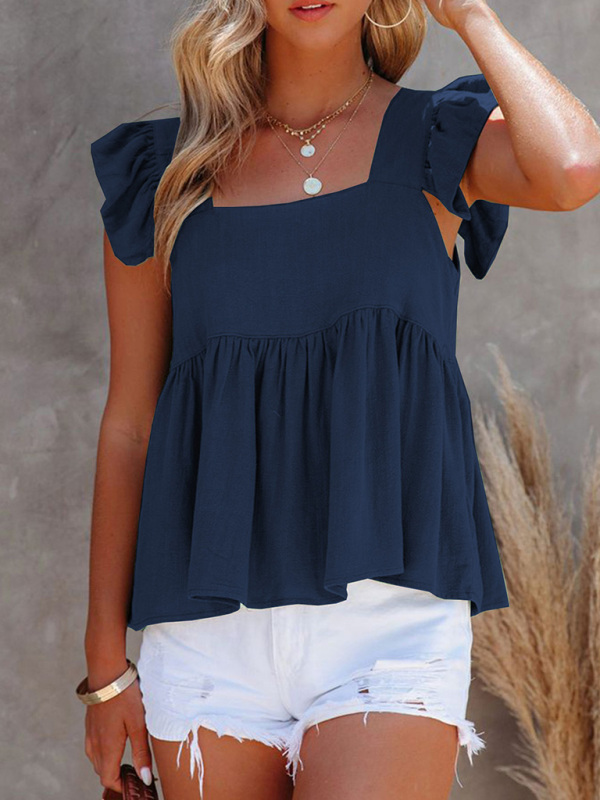 Women's Solid Color Casual Square Neck Fly Fly Sleeve Top - Image 4