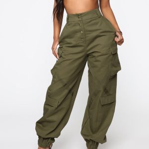 Women's Casual Multi Pocket Button Fly Straight Cargo Trousers