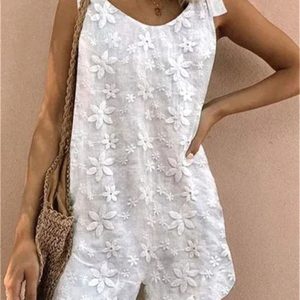 Women's Embroidered Fabric Bow Strap Jumpsuit