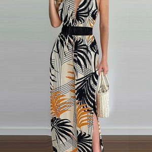Women's Irregular Printed Halter Neck Jumpsuit