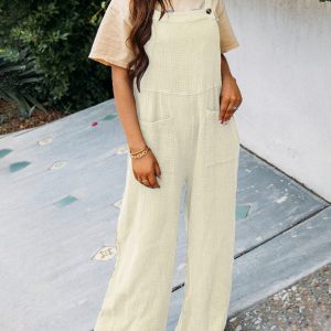 New casual solid color pocket folded square collar loose suspenders jumpsuit