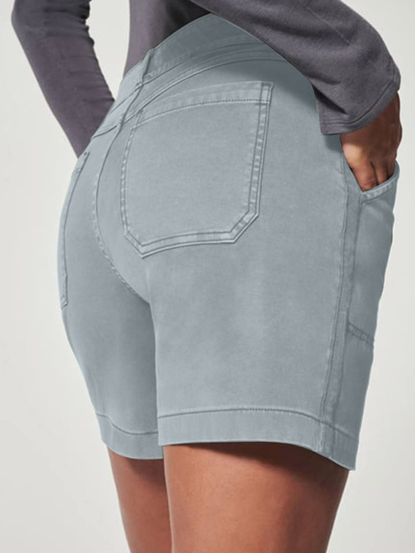 New fashion all-match women's high elastic twill large pocket solid color casual shorts - Image 26