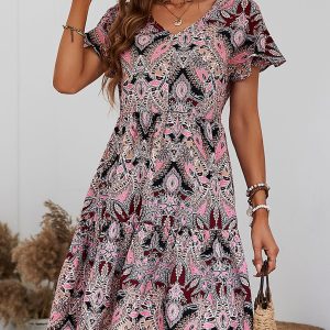 Women's Woven V Neck Loose Paisley Print Dress