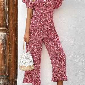 Summer women's fashion red printed European and American jumpsuit