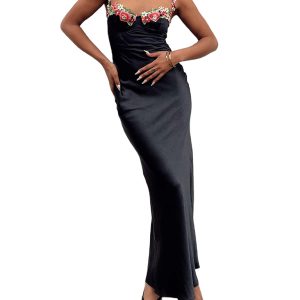 Fashion Sexy Embroidered Lace Camisole Solid Color Long Dress