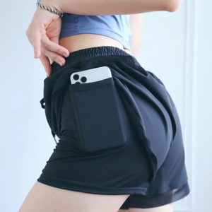 New Fake Two Piece Gym Shorts Women High Waist Elastic Tight Sports Yoga Pants