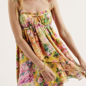Lace-up French niche color-block floral sling dress with wooden ears