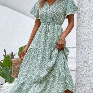 New fashion women's casual V-neck waist print dress