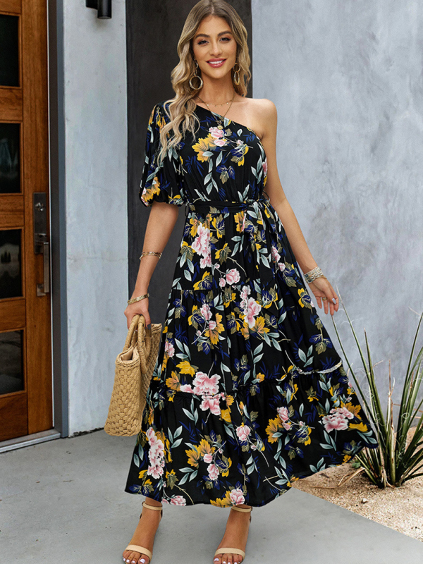 Women's printed temperament elegant one-shoulder long dress - Image 4
