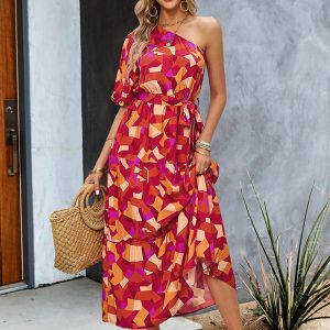 Women's printed temperament elegant one-shoulder long dress