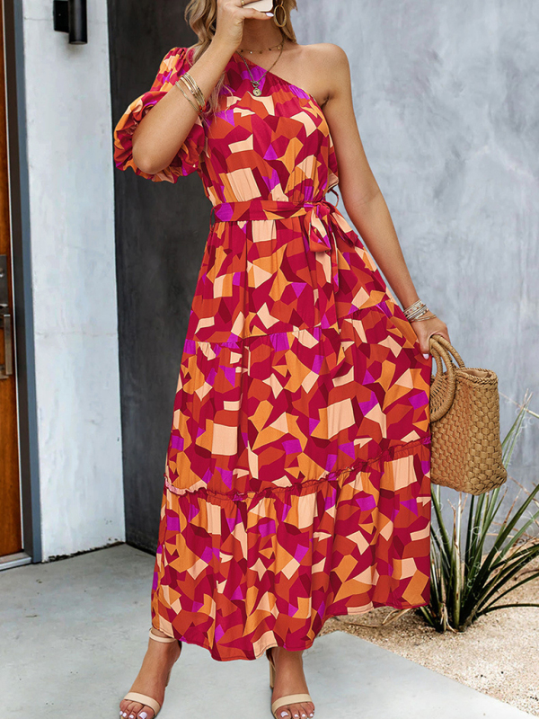 Women's printed temperament elegant one-shoulder long dress - Image 8