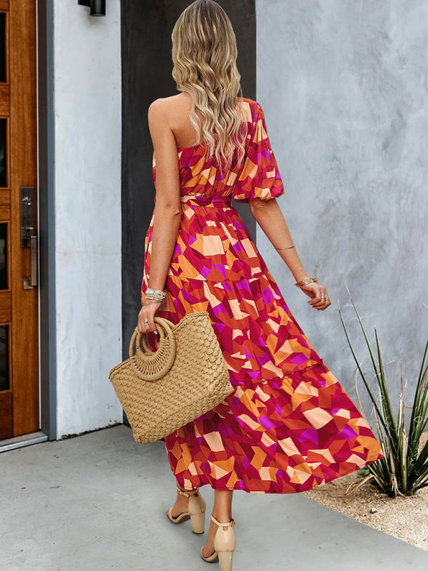 Women's printed temperament elegant one-shoulder long dress - Image 7