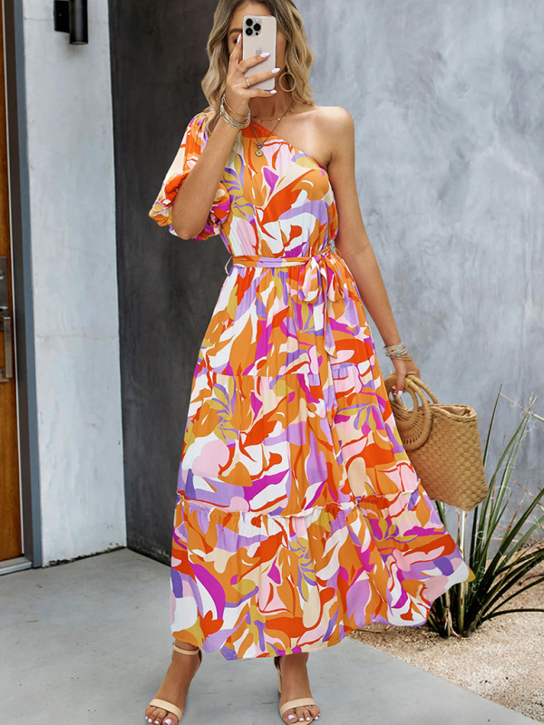 Women's printed temperament elegant one-shoulder long dress - Image 11