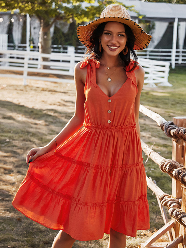 V-neck sexy solid color A-line skirt casual vacation women's dress - Image 4