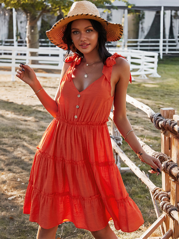 V-neck sexy solid color A-line skirt casual vacation women's dress - Image 14