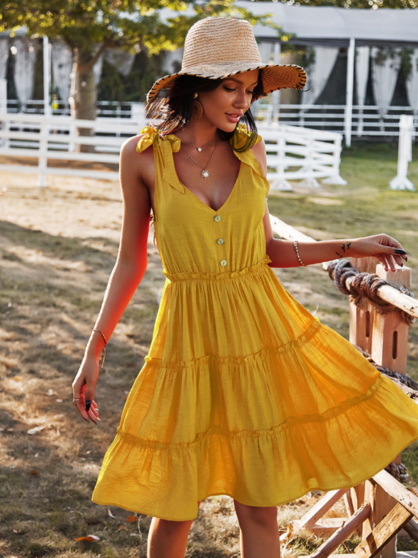 V-neck sexy solid color A-line skirt casual vacation women's dress - Image 10