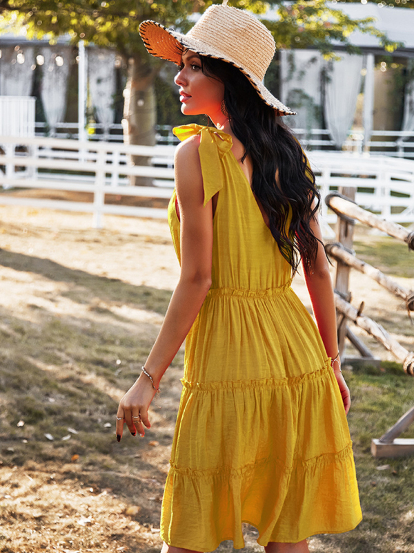 V-neck sexy solid color A-line skirt casual vacation women's dress - Image 9