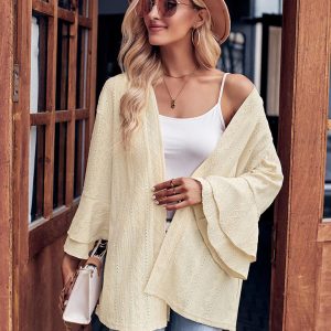 Solid Color Casual Bell Sleeve Knit Cardigan Top