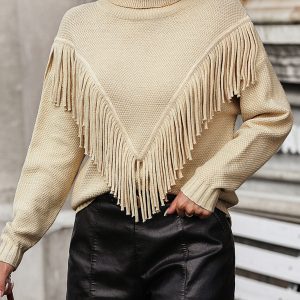 Women's Loose Fringed Sweater Knit Turtleneck Sweater