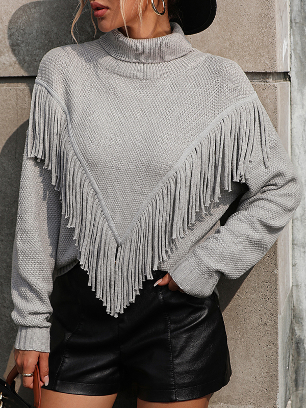 Women's Loose Fringed Sweater Knit Turtleneck Sweater - Image 5