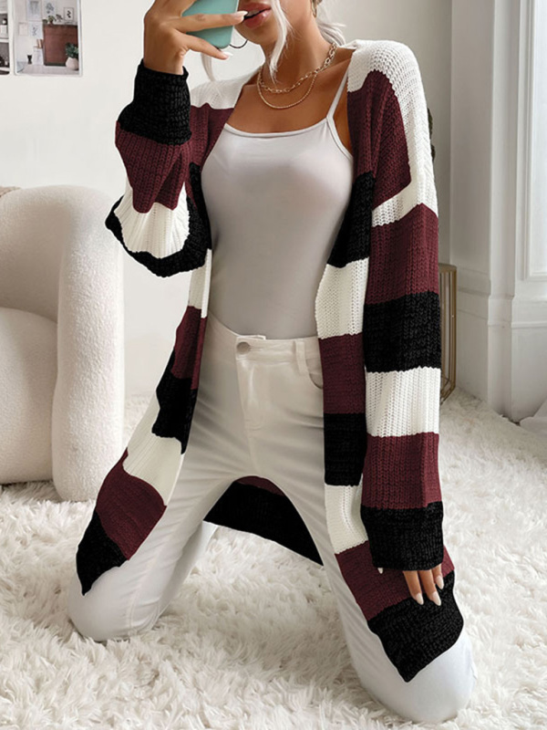 Women's Fashion New Arrival Long Buttonless Colorblock Sweater Jacket - Image 3