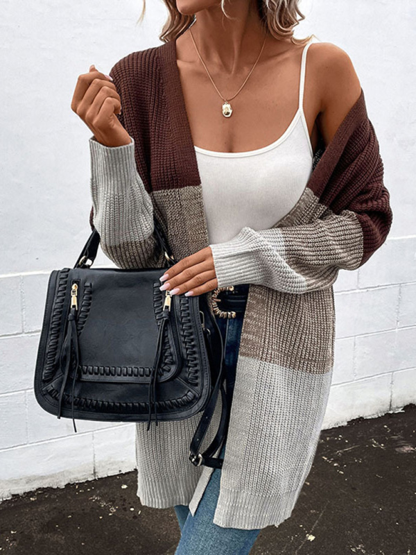 Fashion women's autumn and winter new long-sleeved color-blocking long sweater cardigan - Image 3