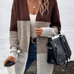 Fashion women's autumn and winter new long-sleeved color-blocking long sweater cardigan