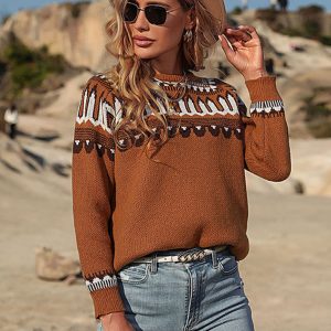 Women's Fashion Loose Brown Long Sleeve Sweater Pullover