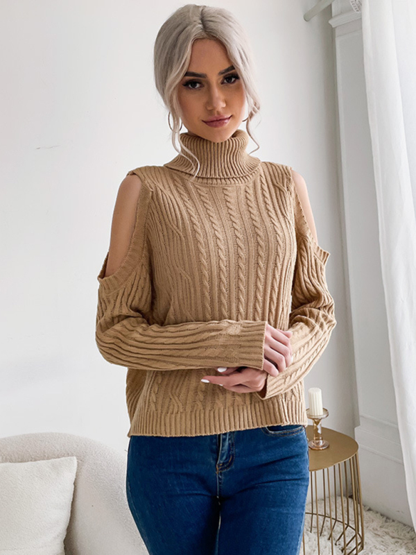 New fashionable women's bottoming turtleneck solid color long-sleeved twist off-shoulder sweater - Image 2