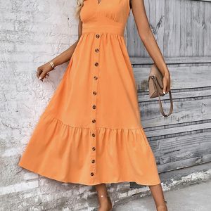 Women's Minimalist Style Solid Color Button V-Neck Sleeveless Dress