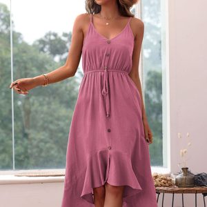 New women's solid color suspender cotton linen dress