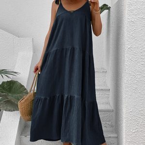 Women's minimalist style solid color strappy V-neck sleeveless dress