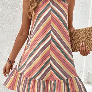 Women's Striped Halter Neck Sleeveless Dress