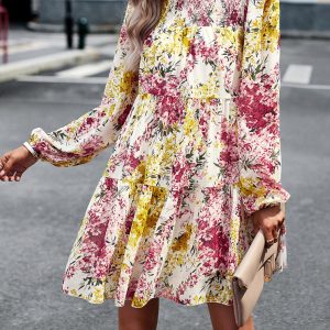 High Neck Stretch Ruffle Long Sleeve Dress